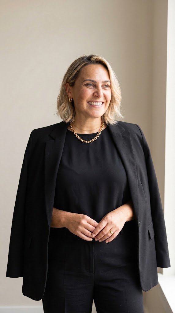 Daiana Cristina Vieira, de blazer preto, sorrindo